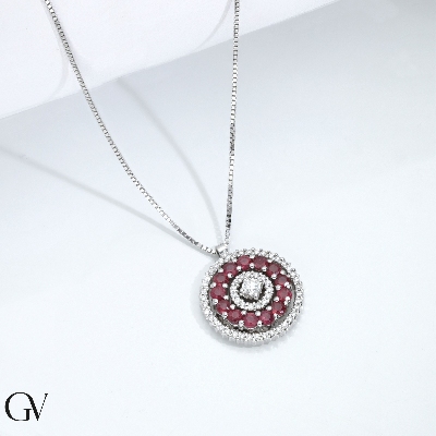 Necklace in white gold 18k with pendant in rubies and diamonds 
