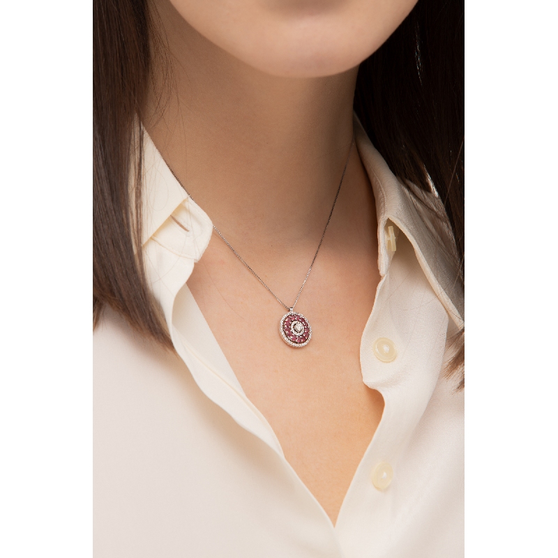 Necklace in white gold 18k with pendant in rubies and diamonds 