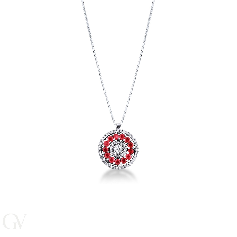 Necklace in white gold 18k with pendant in rubies and diamonds 