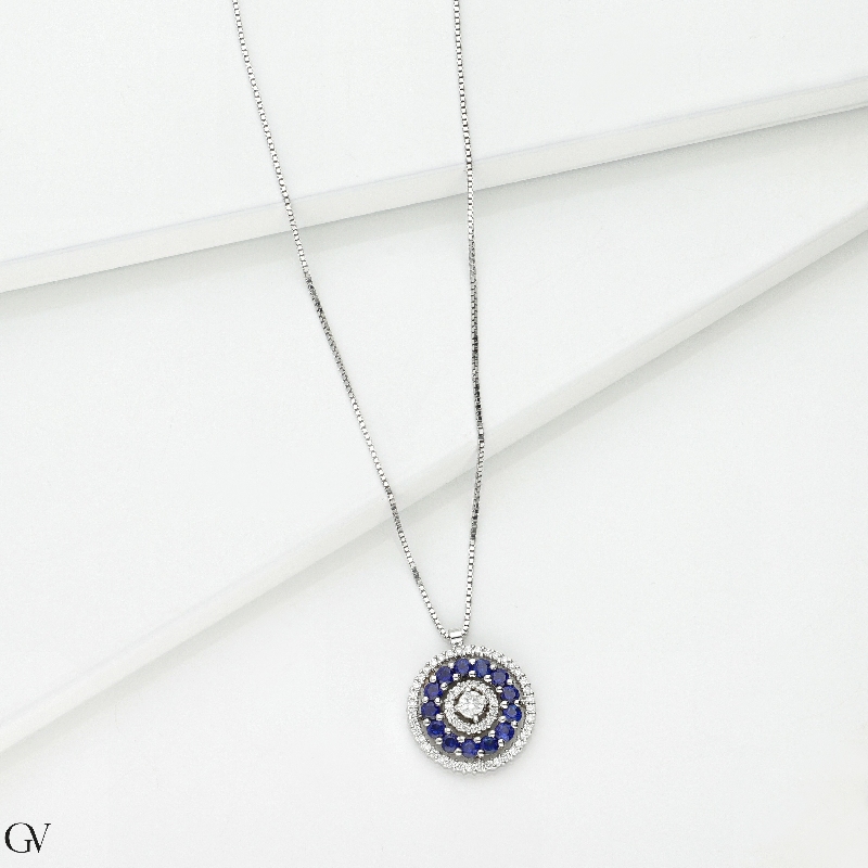 18k white gold necklace with pendant in blue sapphires and diamonds 