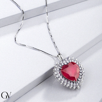 18k white gold necklace with ruby heart pendant and diamonds 