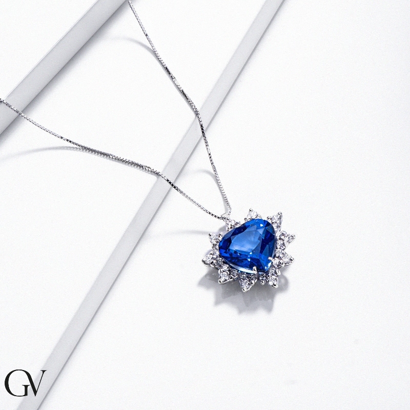 blue sapphire heart and diamond fancy pendant