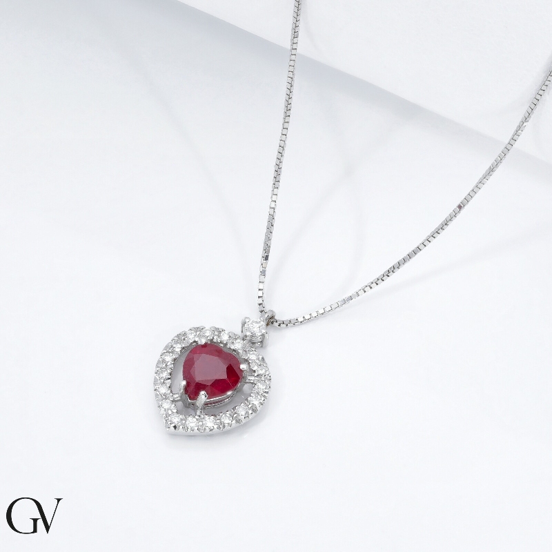 Halo necklace with ruby and diamonds