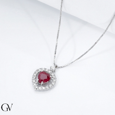 Halo necklace with ruby and diamonds