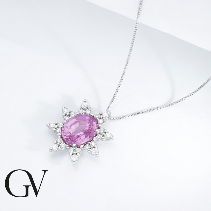 Pink sapphire and diamond pendant in 18k white gold