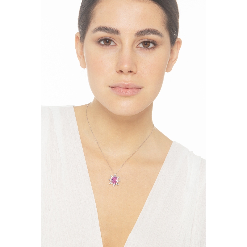 Pink sapphire and diamond pendant in 18k white gold