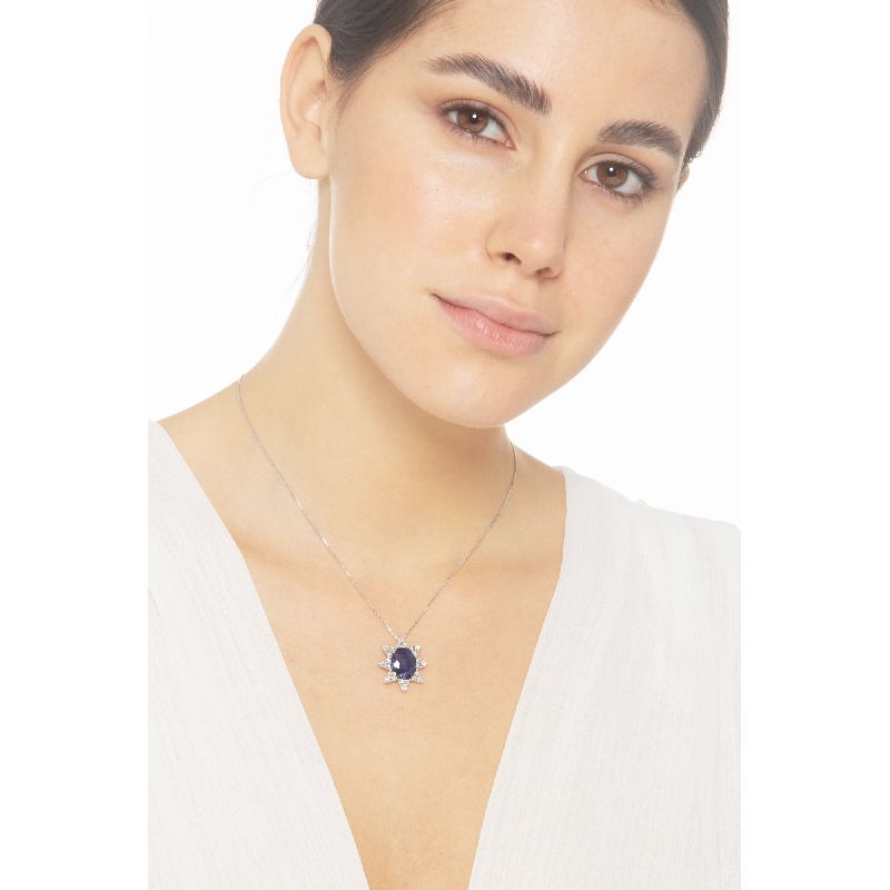 Blue sapphire and diamonds pendant in 18k white gold