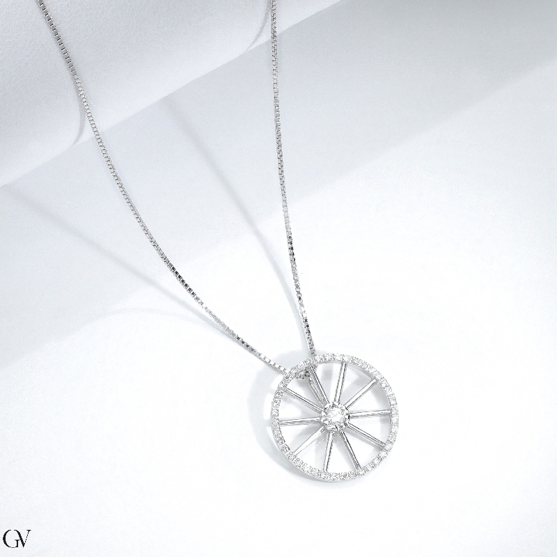 18k white gold necklace with wheel pendant and diamonds