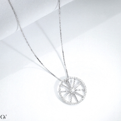 18k white gold necklace with wheel pendant and diamonds