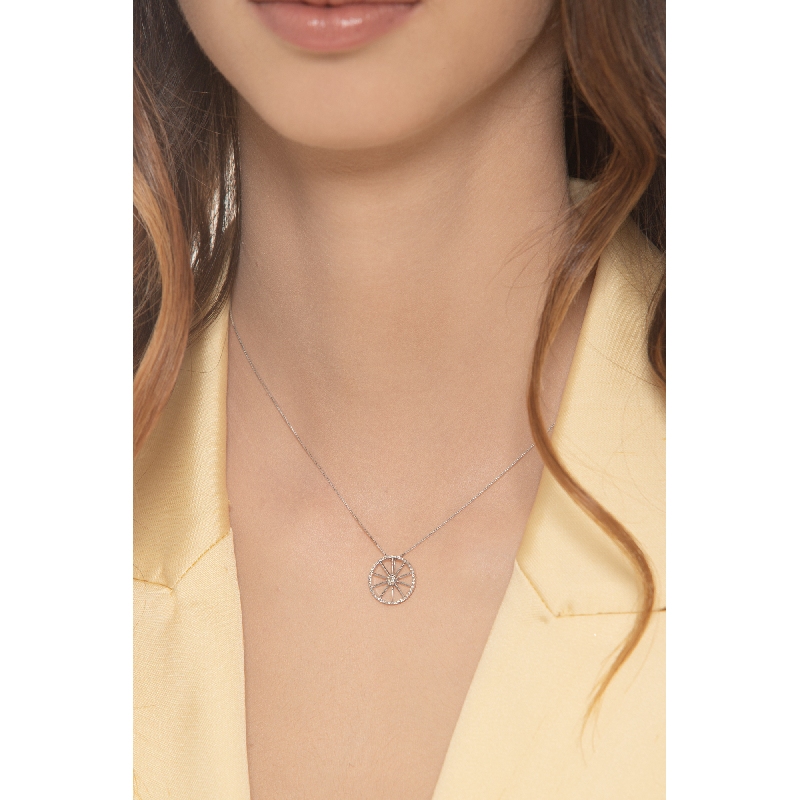 18k white gold necklace with wheel pendant and diamonds