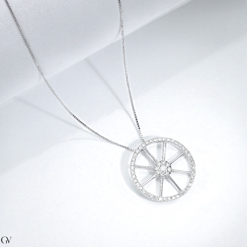 18k white gold necklace with wheel pendant and diamonds, diameter 19.4 mm