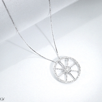18k white gold necklace with wheel pendant and diamonds, diameter 19.4 mm