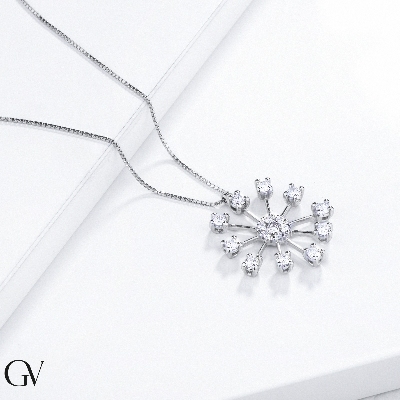 Necklace in white gold 18k with firework pendant and diamonds, diameter of about 21 mm
