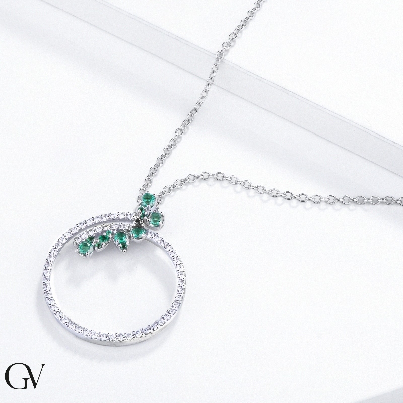 18k white gold necklace with diamonds and emeralds