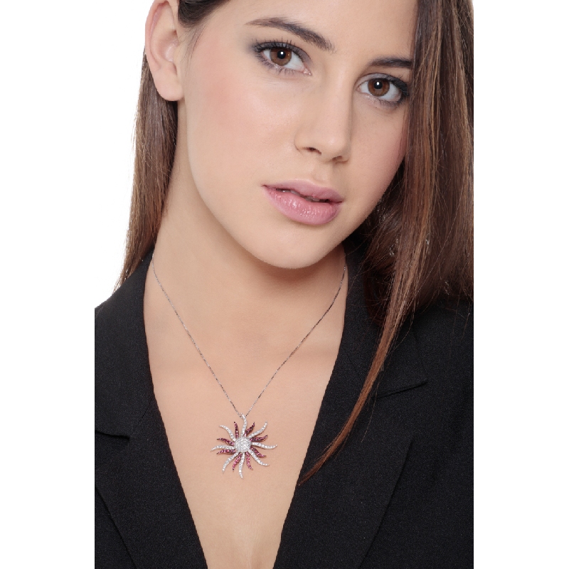 18k white gold necklace with sun pendant with rubies and round cut diamonds