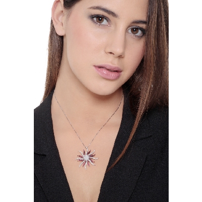 18k white gold necklace with sun pendant with rubies and round cut diamonds