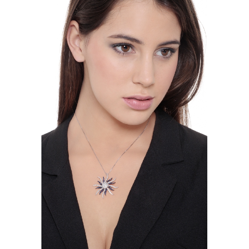 18k white gold necklace with sun pendant with sapphires and round cut diamonds