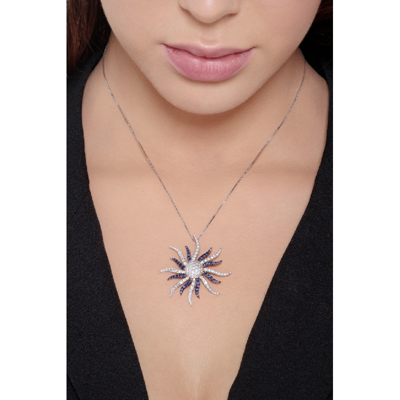18k white gold necklace with sun pendant with sapphires and round cut diamonds