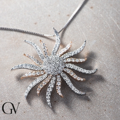 Collana con sole in oro bianco e rosa 18k in diamanti