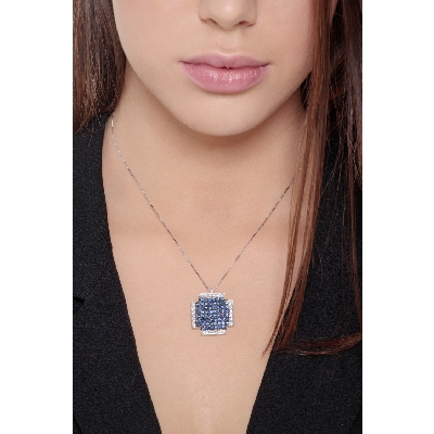 Square cross pendant with blue sapphires and diamonds