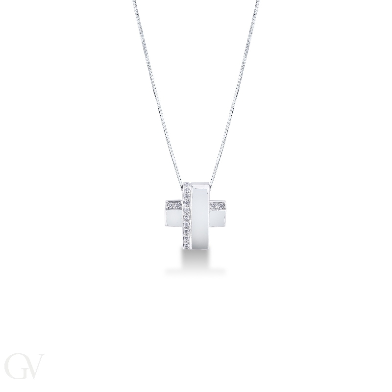 Cross pendant in 18k white gold with 2 rowS of diamonds