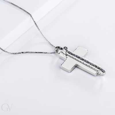 Collana con Croce uomo in oro bianco 18k e diamanti neri, catena 50 cm