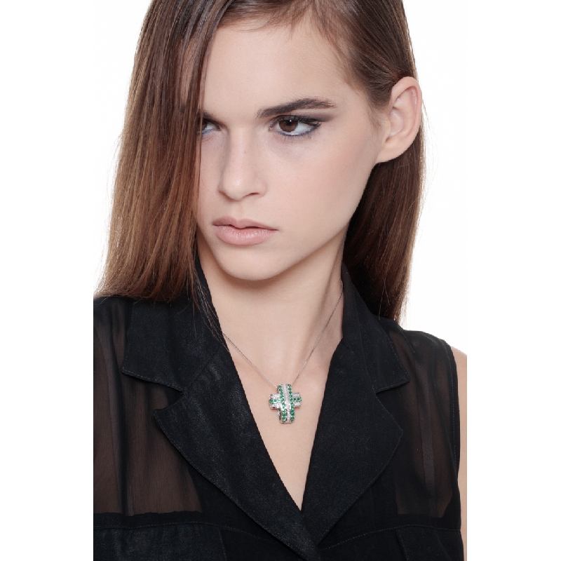 Rounded cross pendant with emeralds and diamonds