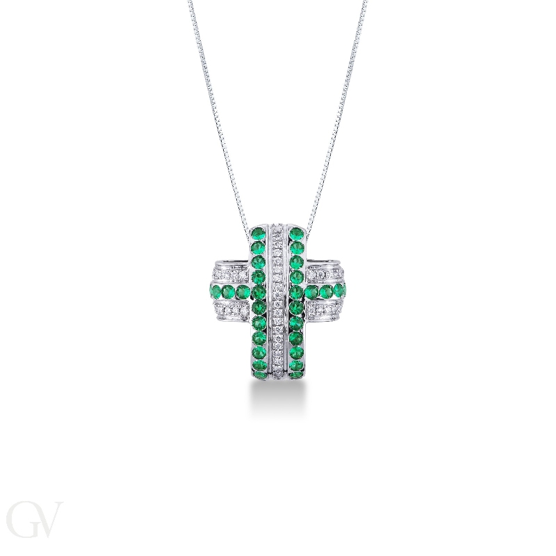 Rounded cross pendant with emeralds and diamonds