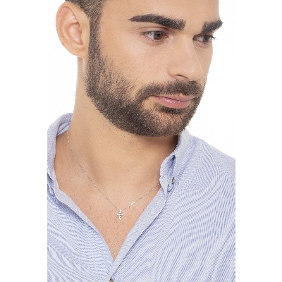 CROCE IN BRILLANTI CON BIGLERINA FISSA, MM12X7. UOMO. CATENA 50CM