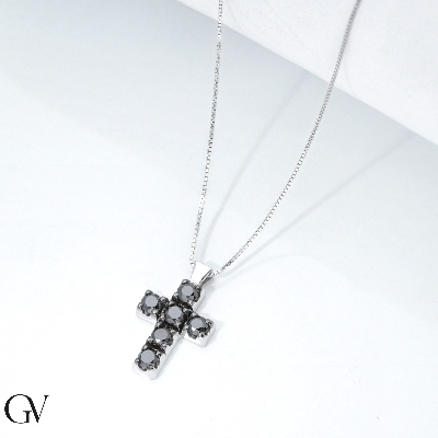 Necklace in white gold 18k with cross pendand with black diamonds