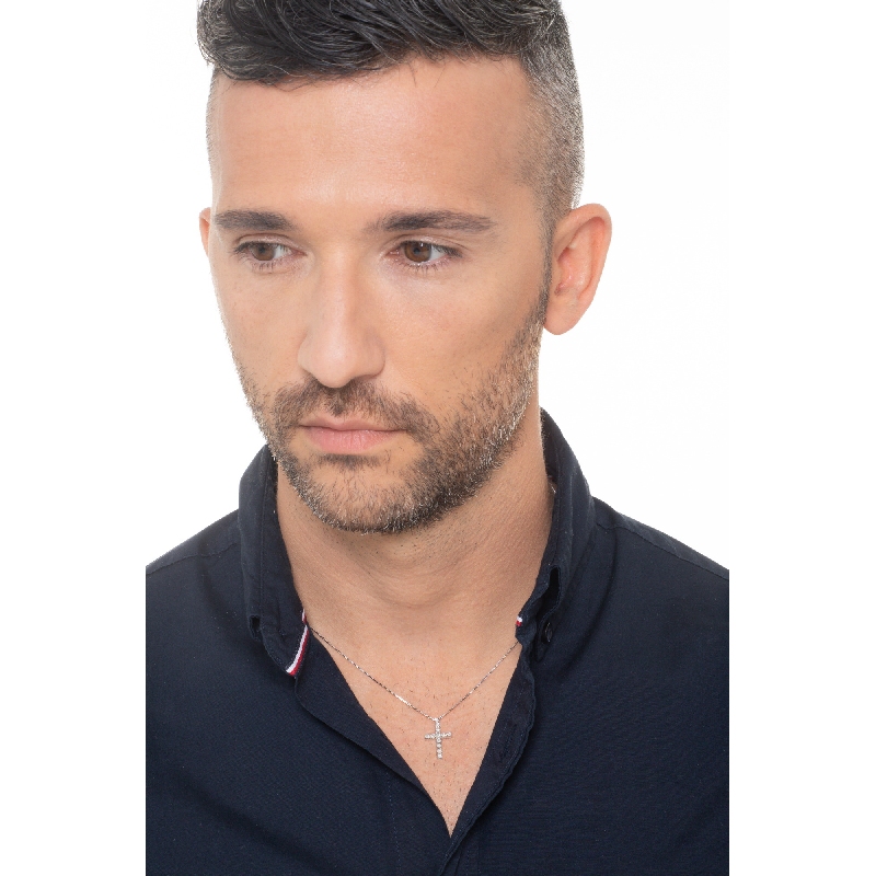 Collana in oro bianco 18k con croce e diamanti, 50 cm