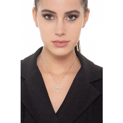 Collana in oro bianco 18k con croce e diamanti, 24x15 mm