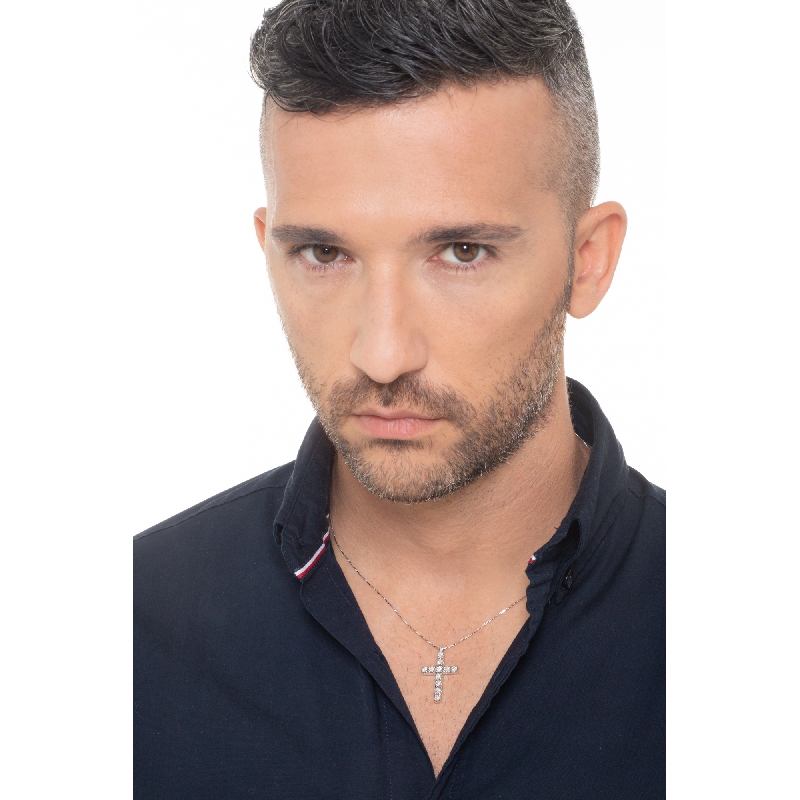 Collana uomo in oro bianco 18k con croce e diamanti, 50 cm