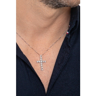 Collana uomo in oro bianco 18k con croce e diamanti, 50 cm