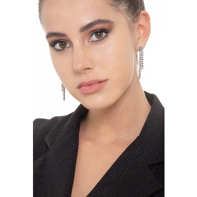 18k white gold double drop tennis earrings with round cut diamonds