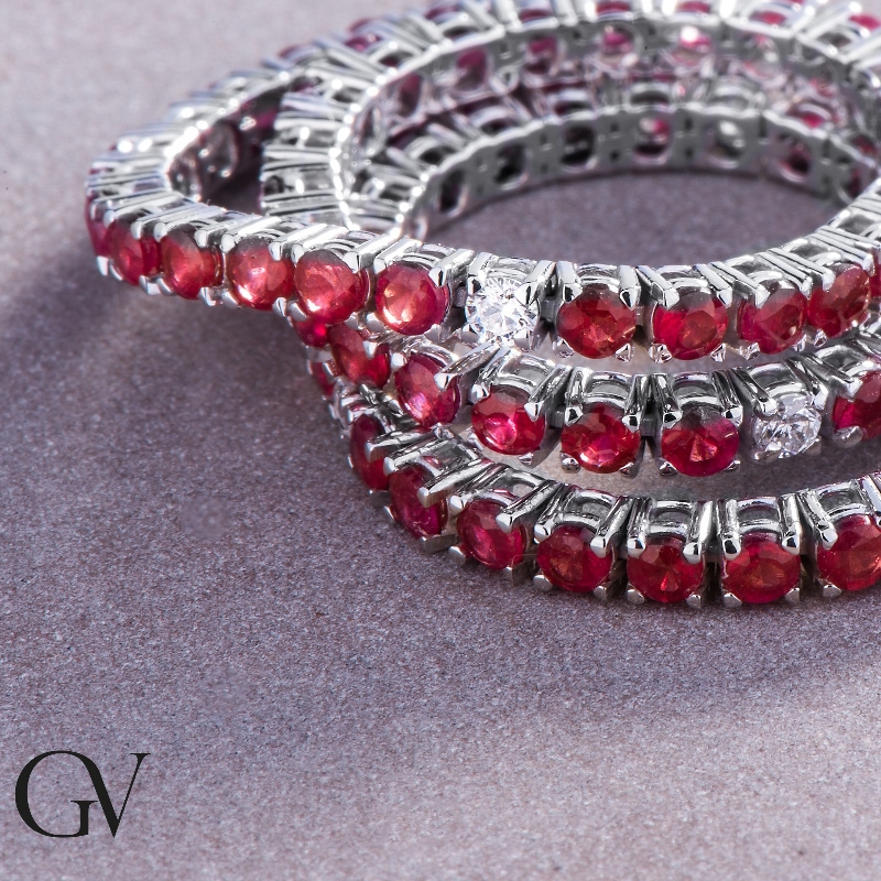Wire style tennis bracelet with rubies and diamonds