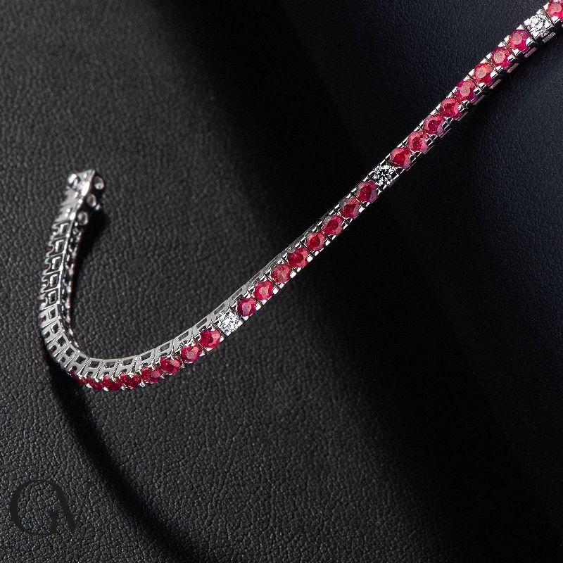 Square links tennis bracelet wih rubies and diamonds