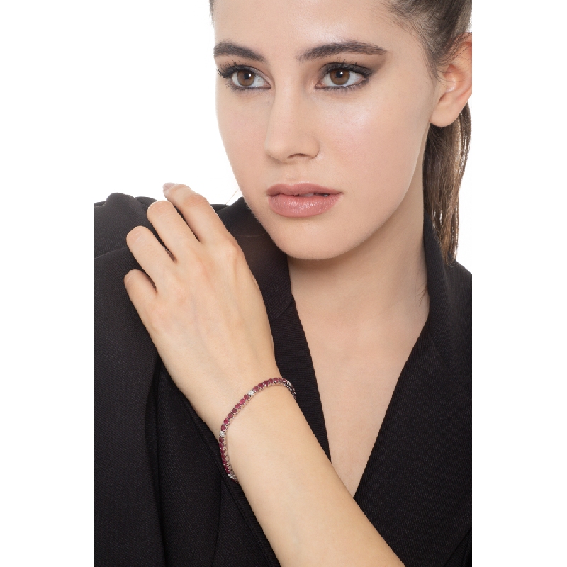 Bracciale Tennis quadro in oro Bianco 18k con rubini e diamanti