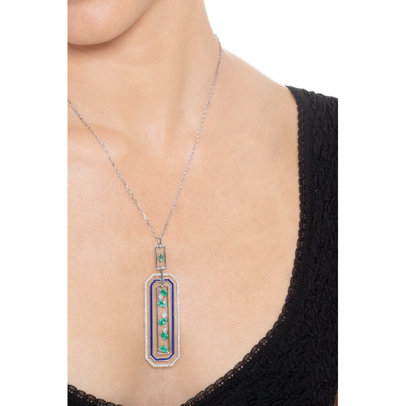 18k white gold necklace with fancy pendant with emeralds and diamonds