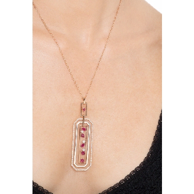 18k rose gold necklace with fancy pendant with diamonds and rubies
