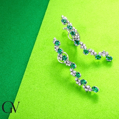 White gold 18k drop earrings with diamonds and emeralds 