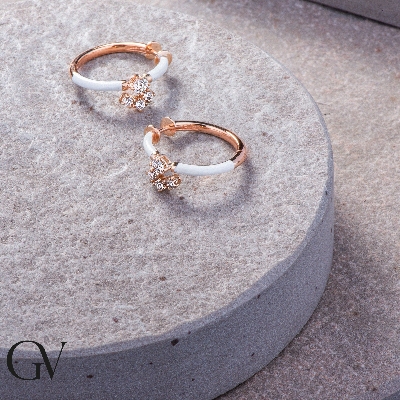 Rose gold 18k hoops white enamelled with diamonds 
