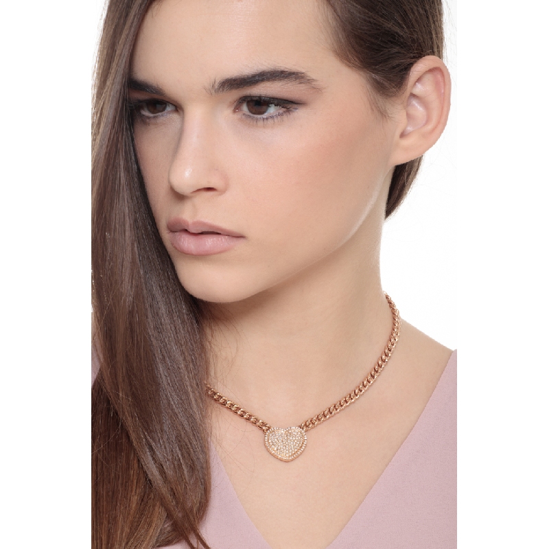 18k rose gold groumette necklace with diamonds heart pendant 