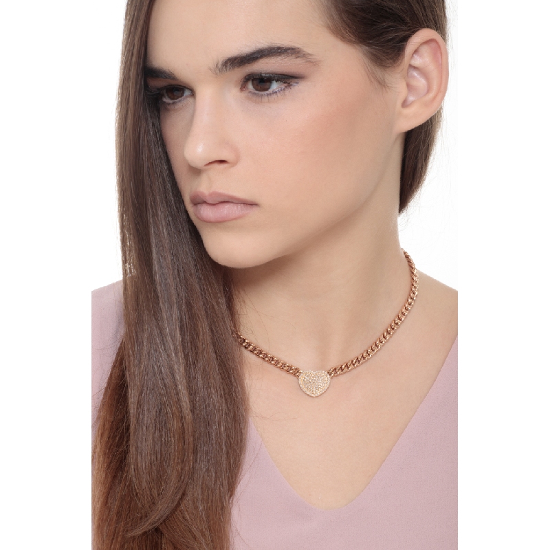 Cuban chain in 18k rose gold with heart pendant with diamonds pavé 