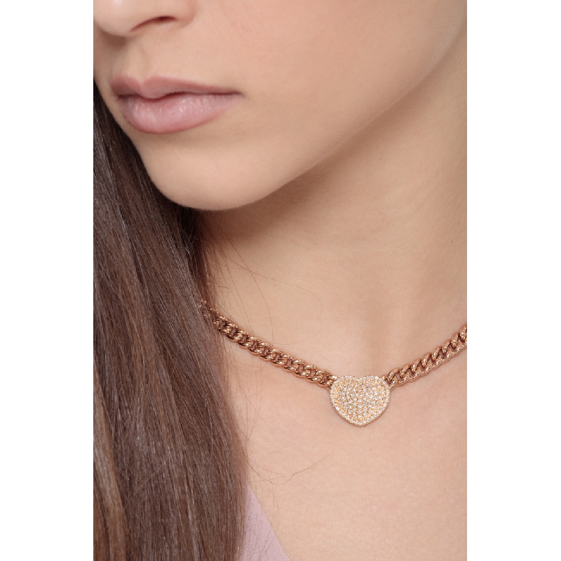Cuban chain in 18k rose gold with heart pendant with diamonds pavé 