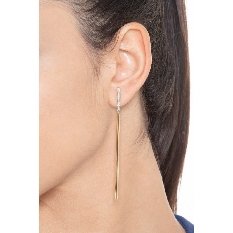 White and yellow 18k gold drop diamond earrings with bar pendants 