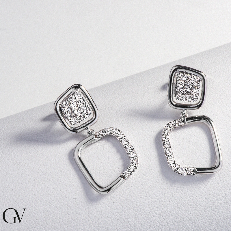 White gold 18k squared drop earrings with diamonds 