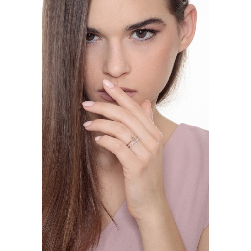 Rosé and white gold 18k double ring with two hearts and diamonds 