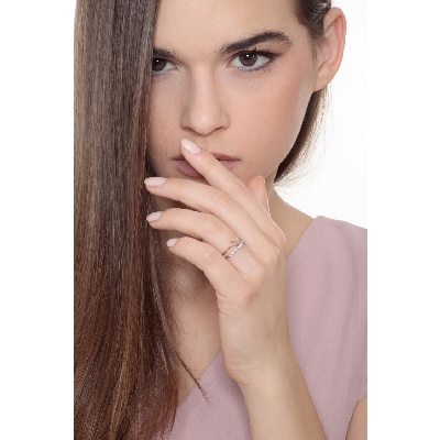 Rosé and white gold 18k double ring with two hearts and diamonds 