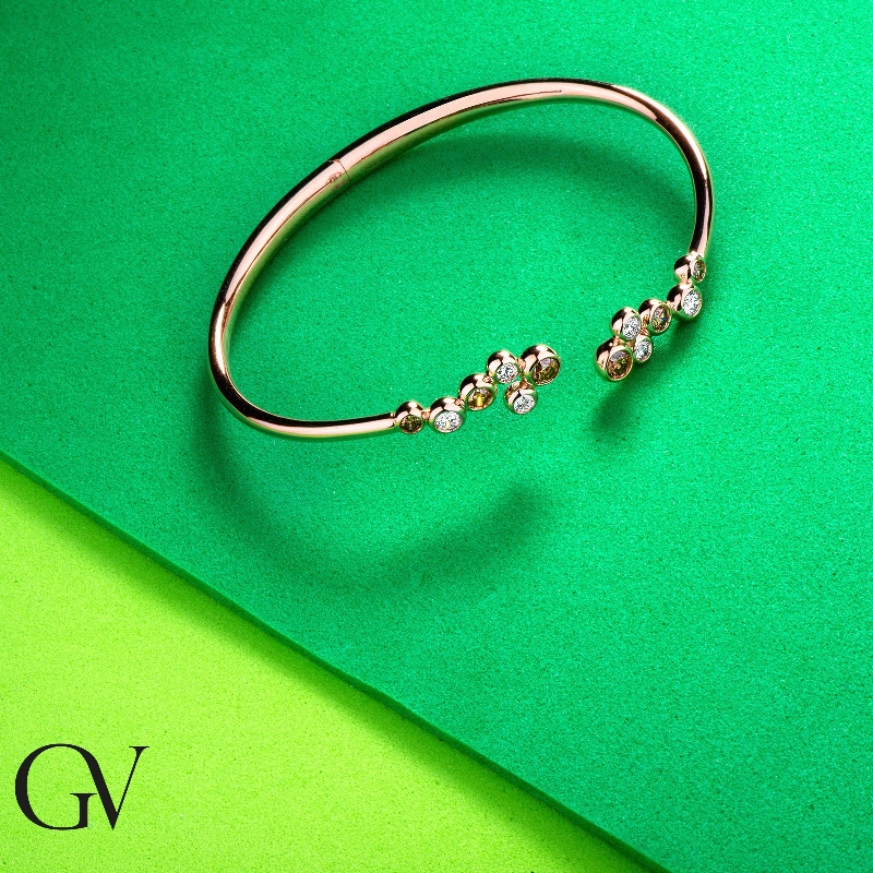 18k rose gold rigid bracelet with white and brown diamond bubbles